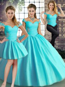 Charming Sleeveless Tulle Floor Length Lace Up Sweet 16 Quinceanera Dress in Aqua Blue with Beading