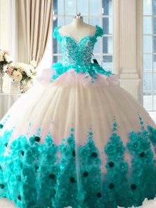 Fantastic Sleeveless Tulle Brush Train Zipper Ball Gown Prom Dress in Blue And White with Hand Made Flower