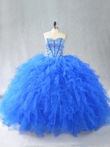 High End Floor Length Lace Up Sweet 16 Dress Blue for Sweet 16 and Quinceanera with Beading and Ruffles