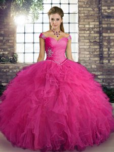 Ball Gowns Quinceanera Gowns Hot Pink Off The Shoulder Tulle Sleeveless Floor Length Lace Up