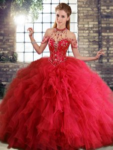 Red Ball Gowns Beading and Ruffles Ball Gown Prom Dress Lace Up Tulle Sleeveless Floor Length