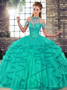 Modern Sleeveless Tulle Floor Length Lace Up 15th Birthday Dress in Turquoise with Beading and Ruffles