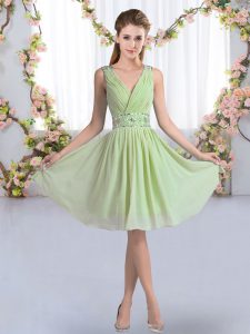 Yellow Green Chiffon Zipper V-neck Sleeveless Knee Length Dama Dress for Quinceanera Beading