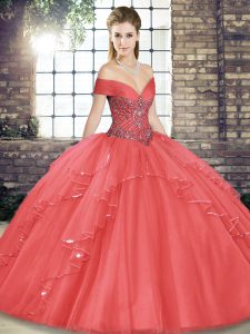 Super Floor Length Lace Up Quinceanera Dresses Watermelon Red for Military Ball and Sweet 16 and Quinceanera with Beading and Ruffles