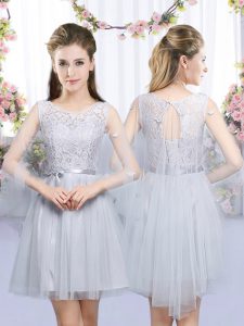 Modest Grey Dama Dress for Quinceanera Wedding Party with Lace and Belt Scoop Sleeveless Lace Up