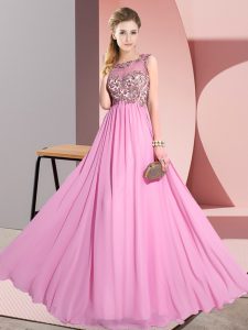 Rose Pink Empire Scoop Sleeveless Chiffon Floor Length Backless Beading and Appliques Damas Dress