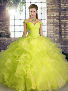 Excellent Yellow Green Off The Shoulder Neckline Beading and Ruffles Ball Gown Prom Dress Sleeveless Lace Up