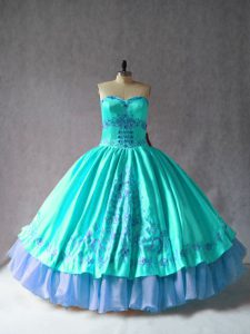 Colorful Satin and Organza Sleeveless Floor Length Quinceanera Dress and Embroidery