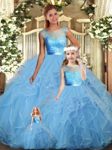 Fabulous Tulle Scoop Sleeveless Backless Lace and Ruffles Sweet 16 Dress in Baby Blue