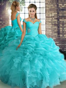 Comfortable Off The Shoulder Sleeveless Quince Ball Gowns Floor Length Beading and Ruffles and Pick Ups Aqua Blue Organza