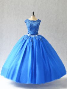 Top Selling Scoop Sleeveless Lace Up Quinceanera Dresses Blue Tulle
