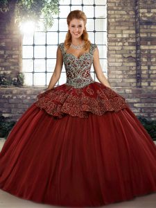 Wine Red Ball Gowns Tulle Straps Sleeveless Beading and Appliques Floor Length Lace Up Quince Ball Gowns