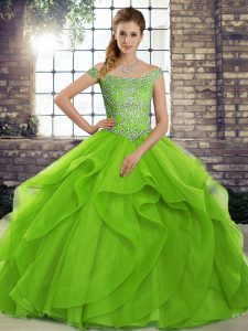 Hot Sale Green Quince Ball Gowns Tulle Brush Train Sleeveless Beading and Ruffles
