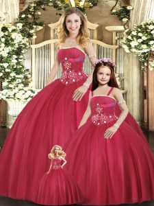 Super Strapless Sleeveless Lace Up Sweet 16 Quinceanera Dress Red Tulle