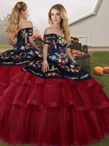Modern Wine Red Sleeveless Embroidery and Ruffled Layers Lace Up Quinceanera Gowns