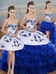 Superior Organza Sweetheart Sleeveless Lace Up Embroidery and Ruffled Layers and Bowknot Quinceanera Gowns in Royal Blue