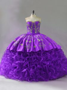 Hot Selling Embroidery and Ruffles 15 Quinceanera Dress Purple Lace Up Sleeveless Brush Train
