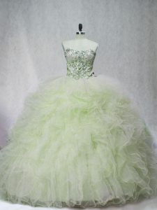 Cute Yellow Green Lace Up Ball Gown Prom Dress Beading Sleeveless Brush Train