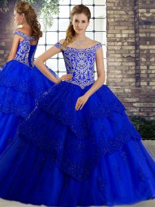 Custom Made Royal Blue Sweet 16 Dresses Tulle Brush Train Sleeveless Beading and Lace