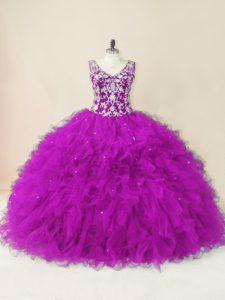 Low Price Fuchsia Tulle Backless Quince Ball Gowns Sleeveless Floor Length Beading