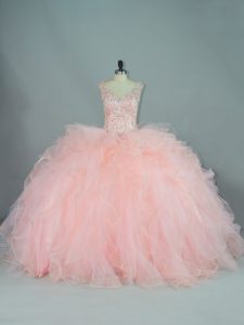 Vintage Peach Sleeveless Ruffles Lace Up Ball Gown Prom Dress