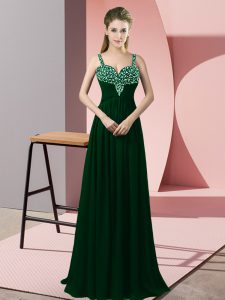 Dark Green Empire Straps Sleeveless Chiffon Floor Length Zipper Beading Prom Dress