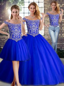 Pretty Royal Blue Quince Ball Gowns Military Ball and Sweet 16 and Quinceanera with Beading Off The Shoulder Sleeveless Brush Train Lace Up