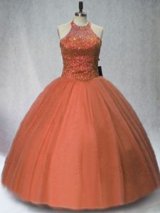Brown Sleeveless Floor Length Beading Lace Up Sweet 16 Dress