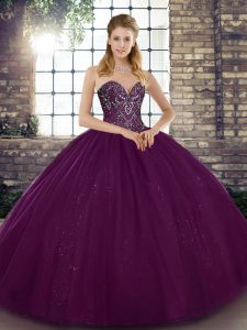 Graceful Tulle Sweetheart Sleeveless Lace Up Beading 15 Quinceanera Dress in Dark Purple