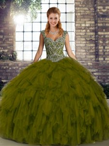 Olive Green Straps Neckline Beading and Ruffles Sweet 16 Dress Sleeveless Lace Up