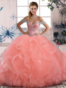 Delicate Peach Sleeveless Beading and Ruffles Floor Length Quinceanera Dresses