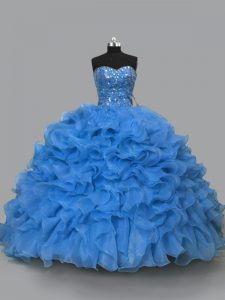 Low Price Blue Sleeveless Organza Lace Up Quince Ball Gowns for Sweet 16 and Quinceanera