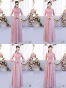 Simple Pink Empire High-neck Cap Sleeves Tulle Floor Length Zipper Lace Quinceanera Court Dresses