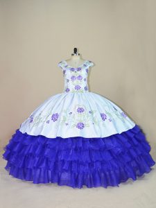 Sumptuous Ball Gowns Ball Gown Prom Dress White And Purple V-neck Satin and Organza Cap Sleeves Floor Length Lace Up