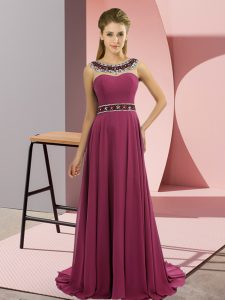 Elegant Beading Prom Dress Fuchsia Zipper Sleeveless Brush Train