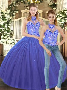 Admirable Blue Quince Ball Gowns Sweet 16 and Quinceanera with Embroidery Halter Top Sleeveless Lace Up