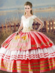 Free and Easy White And Red Satin Lace Up V-neck Sleeveless Floor Length Sweet 16 Dress Embroidery and Ruffled Layers