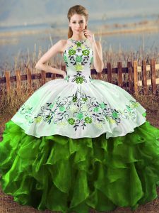 Fantastic Ball Gowns Sweet 16 Dresses Green Halter Top Sleeveless Floor Length Lace Up