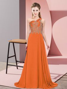 Eye-catching Orange One Shoulder Side Zipper Beading Prom Dresses Sleeveless