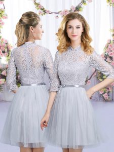 High Class Grey Empire Lace and Belt Quinceanera Court of Honor Dress Zipper Tulle Half Sleeves Mini Length