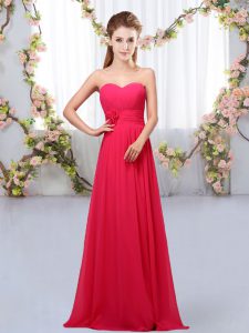 Hot Pink Chiffon Lace Up Sweetheart Sleeveless Floor Length Dama Dress for Quinceanera Hand Made Flower