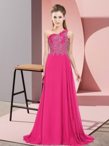 Hot Pink Side Zipper Prom Dresses Beading Sleeveless Floor Length
