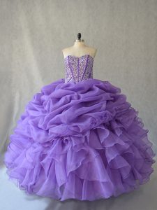 Floor Length Lavender Sweet 16 Dress Sleeveless Beading and Ruffles and Pick Ups