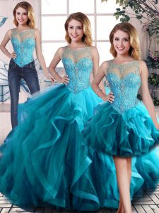 Enchanting Aqua Blue Tulle Lace Up Quinceanera Gown Sleeveless Floor Length Beading and Ruffles