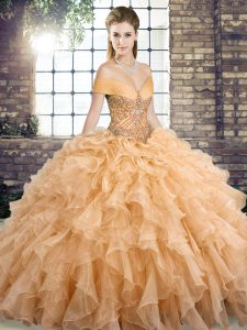 Gold Quince Ball Gowns Military Ball and Sweet 16 and Quinceanera with Beading and Ruffles Off The Shoulder Sleeveless Brush Train Lace Up