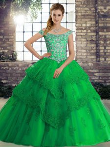 Flare Off The Shoulder Sleeveless Brush Train Lace Up Quinceanera Dresses Green Tulle