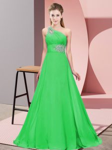Green Chiffon Lace Up Prom Party Dress Sleeveless Brush Train Beading