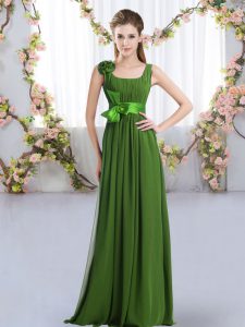 Fashion Sleeveless Floor Length Belt and Hand Made Flower Zipper Quinceanera Dama Dress with Green