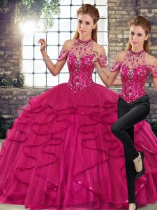 Popular Fuchsia Lace Up Vestidos de Quinceanera Beading and Ruffles Sleeveless Floor Length