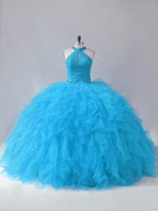 Simple Sleeveless Beading and Ruffles Lace Up Sweet 16 Dresses